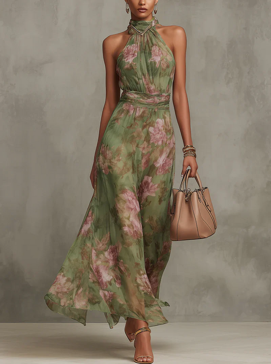 Livia - Elegante vestido largo halter con estampado floral